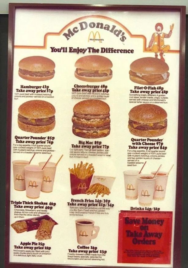 A typical 1980s menu at McDonald's