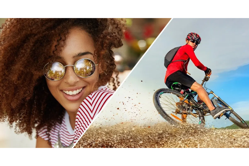 Split photo on one side a woman with sunglasses, the other a man mountain biking.